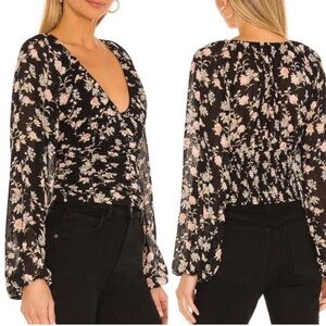 Free People New Final Rose Blouse in Black Combo Smocked Back Size Medium